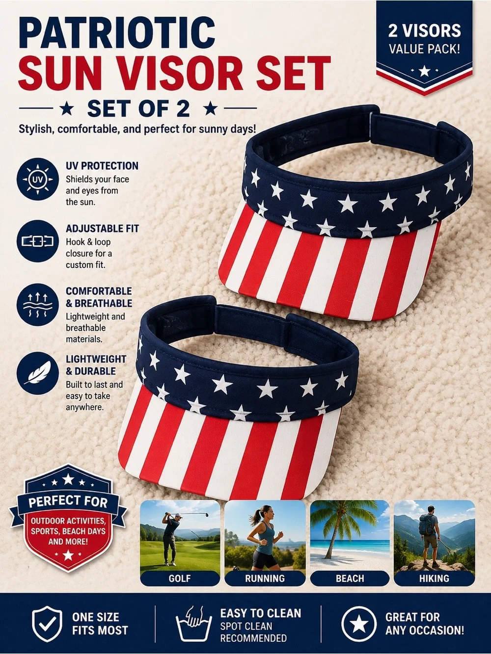 Patriotic Sun Visor Set - Red, White & Blue (Set of 2) UNISEX